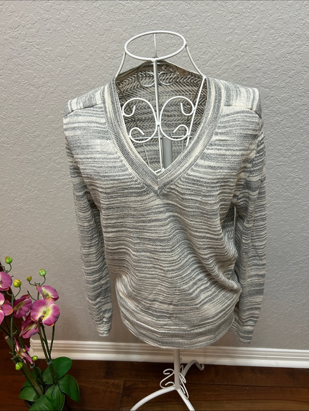 Anthropologie Striped V-Neck Sweater in Gray & Cream